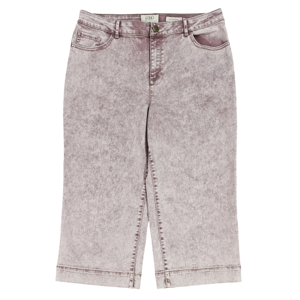 LOGO Lori Goldstein Burgundy Acid Wash Boyfriend Cropped Wide Leg Jeans